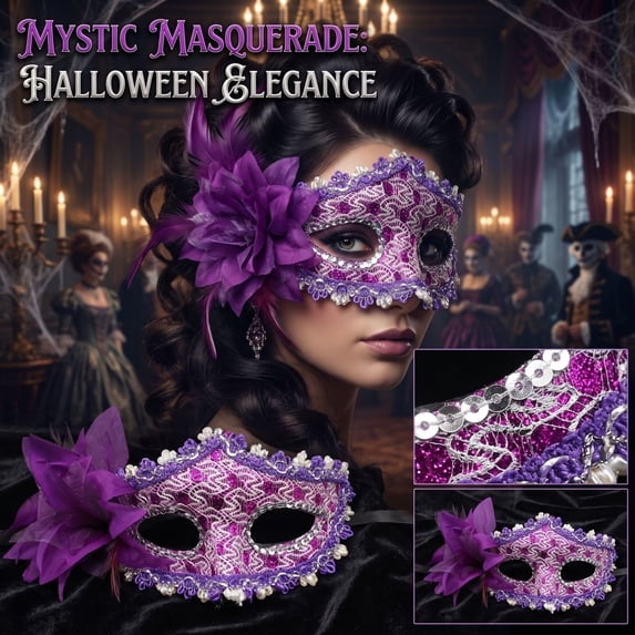 Purple Half Eye Mask, Lace Masquerade Mask, Masquerade Mask for Women, Vintage Masquerade Masks, Side Purple Fabric Rose Accent, Black Rhinestone Trim, Lightweight 6X4.5 Inch Fit