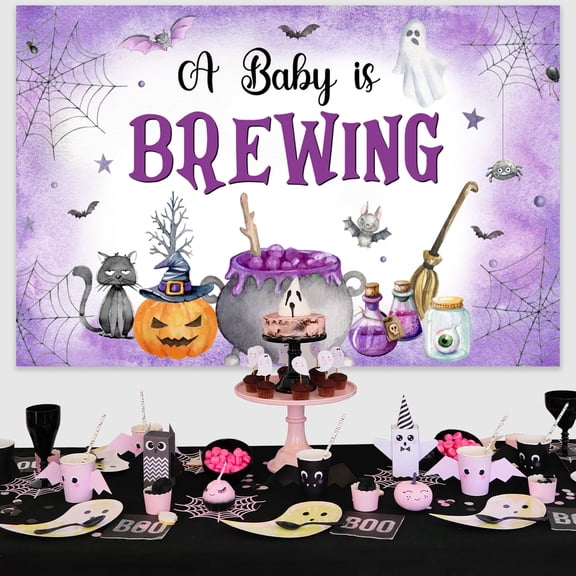 Purple Halloween A Baby Is Brewing Background Party Backdrop Vinyl Cloth 150x100cm with Grommets and 6m White Ribbon for Halloween Baby Shower Party Decorations
