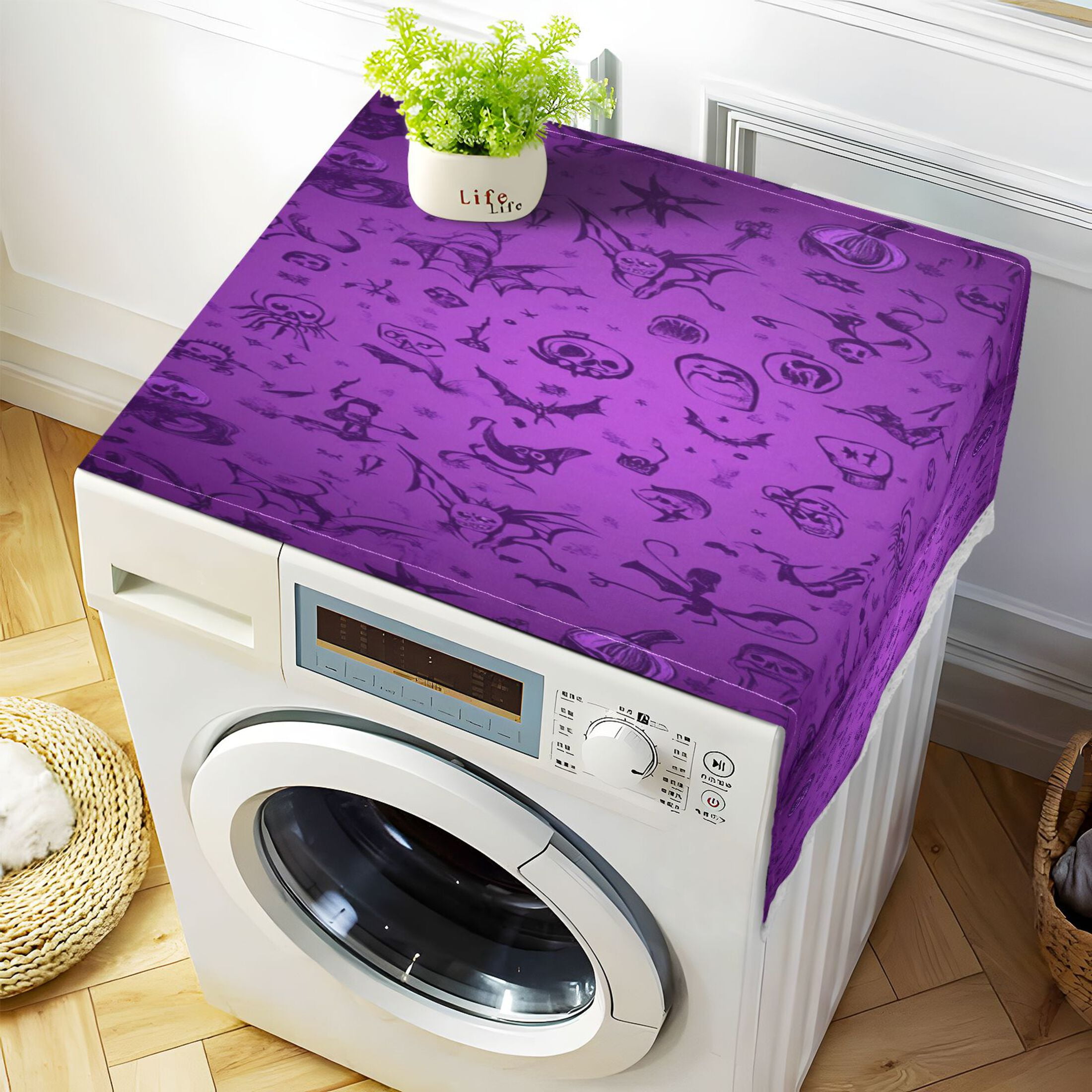 Purple Halloween BackgroundWasher and Dryer Covers Dust-Proof and Oil Resistant Fridge Cover with 4 Storage Pockets Washing Machine Top Cover for Laundry Kitchen Home 51.2 x 22 In