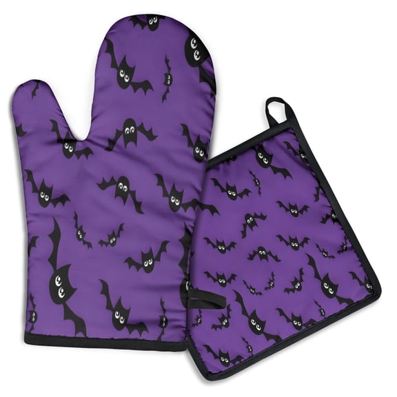 Purple Halloween Black Bats Kitchen Oven Mitt and Pot Holder Sets 2 Pcs for Baking, Cooking and Grilling, Heat Resistant Up To 392 °F