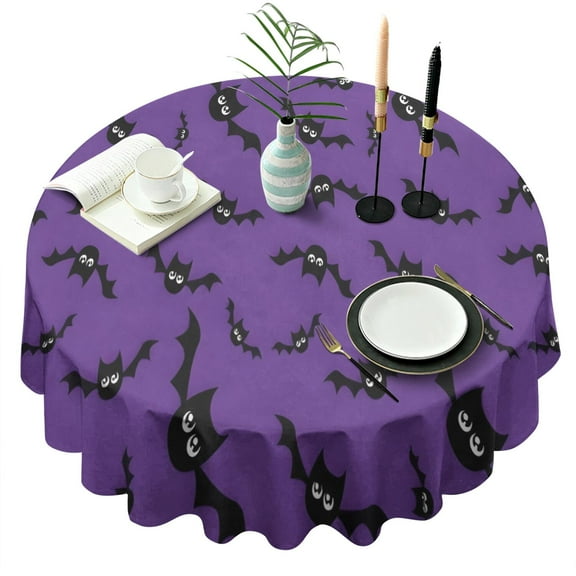 Purple Halloween Black Bats Round Tablecloth 60"x60",Wrinkle Wipeable Table Cloth for Kitchen Dining Room Picnic Patio Party