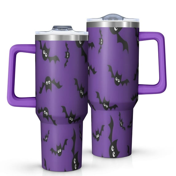 Purple Halloween Black Bats Tumbler with Handle and Lid,40oz Double Wall Vacuum Insulated Tumbler,Cups Gift for Women and Men