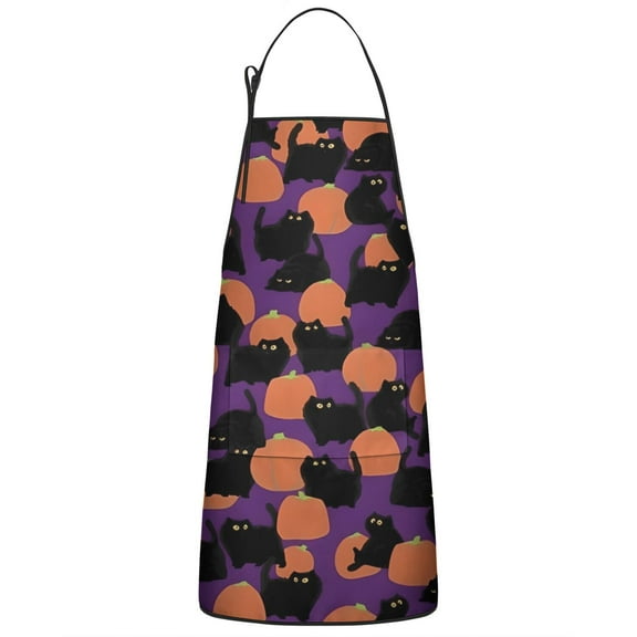 Purple Halloween Black Cats and Pumpkins Apron-Garden Aprons for Women with Pockets-Cotton Linen Waterproof Kitchen Cooking Gardening Aprons Adjustable for Kitchen,Cooking,BBQ and Salon 33"x27"