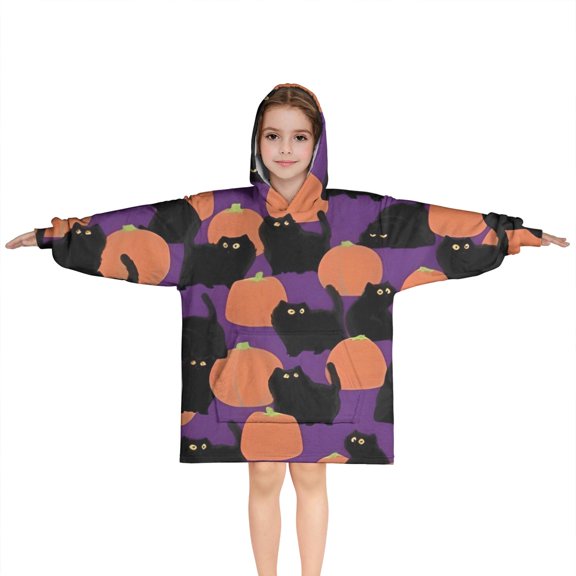 Purple Halloween Black Cats and Pumpkins Blanket Hoodies for Kids 6-13YR Oversize Wearable Blanket Hoodies for Boys Girls Teens