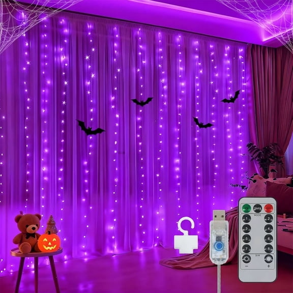 Purple Halloween Curtain Lights, 300 LED Twinkle Lights with Remote & Timer for Haunted House Wall Decor