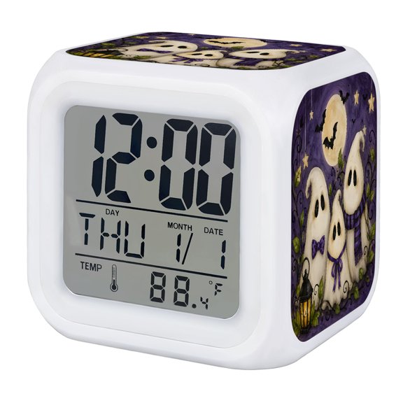 Purple Halloween Digital Alarm Clock for Bedrooms, Smart LED Alarm Clock with 7 Color Changing Night Light, Scary Ghosts Moon Star Bat Leaves Silent Wake Up Clocks for Sleep Study Cooking 3.2"x3.2"