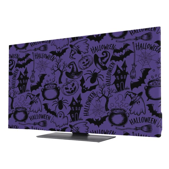 Purple Halloween Elastic Indoor TV Cover 24" Dust Protector, Stretch Fabric Flat Screen TV Covers, Vintage Scary Pumpkin Ghost Castle Universal Washable Anti-scratch Cover for Curved LCD LED OLED TVs