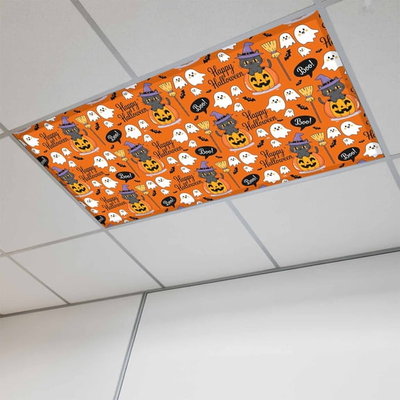 Purple Halloween Fluorescent Light Covers, Pumpkins Cat Ghost Black Bat Magnetic Light Covers for Ceiling Lights, Fluorescent Ceiling Shade Filters for Classroom Bedroom Office 4x2Ft x 1PCS