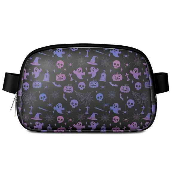 Purple Halloween Ghost Pumpkin Skull Pattern Cute Fanny Packs for Women,Travel Waterproof Crossbody Fanny Bags Waist Purse for Women Anti Theft Adjustable Strap for Running Travel Cycling