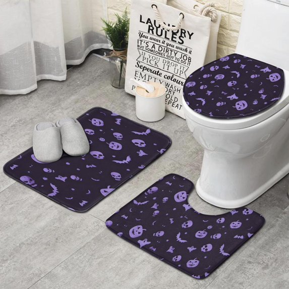 Purple Halloween Ghosts Skulls and Bats Bathroom Rugs Sets 3 Piece,Toilet Cover Set,Absorbent Non Slip Bathroom Mats Sets with U-Shaped Contour Rug Toilet Rug Set