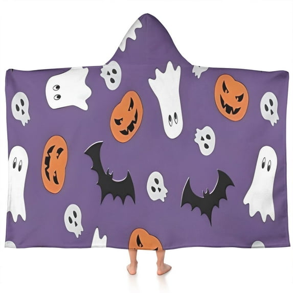Purple Halloween Ghosts Skulls and Bats Hooded Bath Towel,60"x35" for Ages 3 To 12 Kids, Quick Dry Lightweight Soft Microfiber Hood Beach Towel Cover Up for Kids