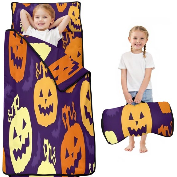 Purple Halloween Jack Lanterns Toddler Nap Mats for Kids Preschool,51"x22" Sleeping Mat Bag or Kids,Toddler Sleeping Bag,Toddler Nap Mat or Daycare