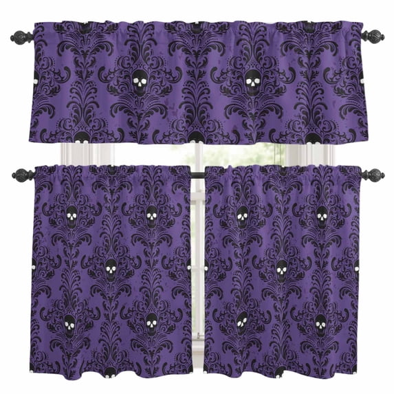 Purple Halloween Kitchen Curtains Sets for Windows 36 Inch Length, Horror Spooky Skull Floral Vintage Rod Pocket Window Treatments Tier Curtains and Valances Set for Bedroom/Bathroom