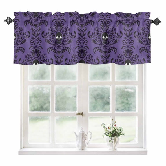 Purple Halloween Kitchen Valances for Windows 60x18 Inch Kitchen Curtains Valances Rod Pocket Horror Spooky Skull Floral Vintage Bathroom Window Valances for Window Treatment Decor