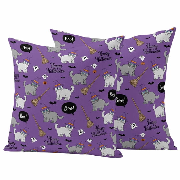 Purple Halloween Outdoor Waterproof Pillow Covers, Cat Bat Ghost Pumpkins Decorative Square Throw Pillowcase Sofa Cushion Sham for Patio/Couch/Chair, 26"x26" 2 Pack