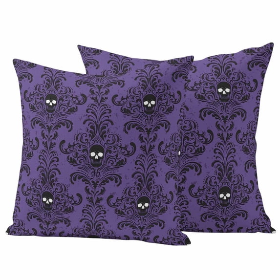 Purple Halloween Outdoor Waterproof Pillow Covers, Horror Spooky Skull Floral Vintage Decorative Square Throw Pillowcase Sofa Cushion Sham for Patio/Couch/Chair, 20"x20" 2 Pack