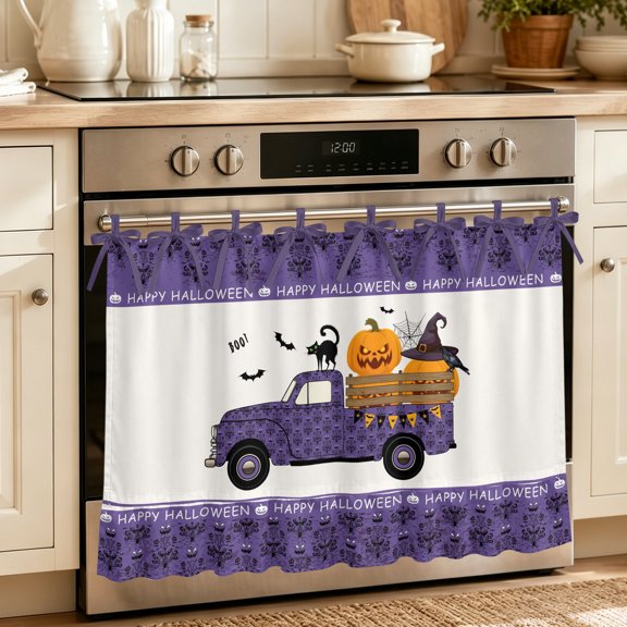 Purple Halloween Oven Skirt Curtain 30"Wx21.5"L,Waterproof Ruffled Stove Cover Skirt with 8 Ribbon Ties,Spooky Ghost Pumpkins Truck Black Cat Decorative Oven Door Curtains for Kitchen Dishwasher