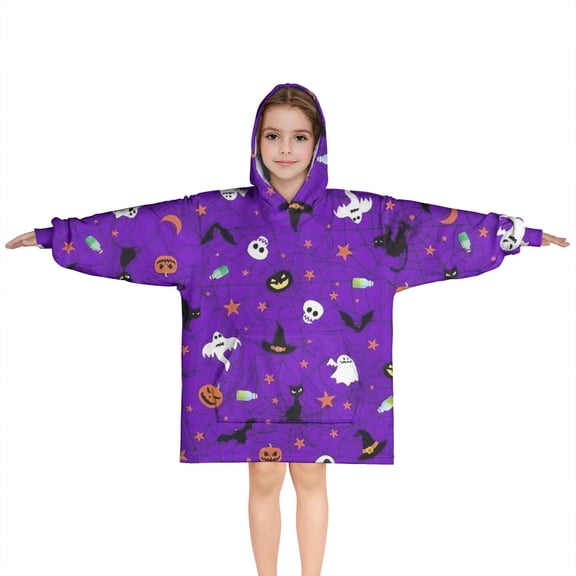 Purple Halloween Pattern Blanket Hoodies for Kids 6-13YR Oversize Wearable Blanket Hoodies for Boys Girls Teens