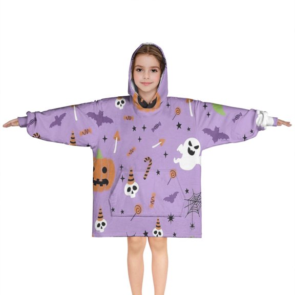 Purple Halloween Pattern Blanket Hoodies for Kids 6-13YR Oversize Wearable Blanket Hoodies for Boys Girls Teens