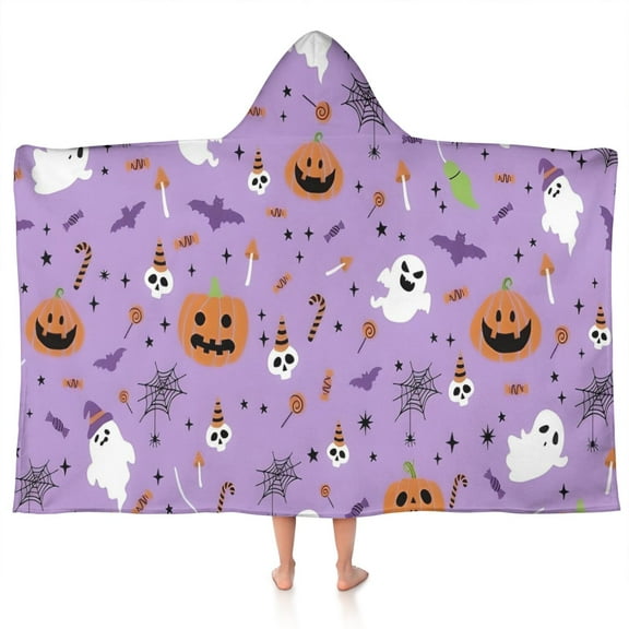 Purple Halloween Pattern Hooded Bath Towel，50"x30" for Ages 3 To 12 Kids, Quick Dry Lightweight Soft Microfiber Hood Beach Towel Cover Up for Kids