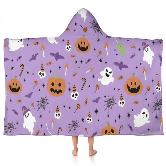 Purple Halloween Pattern Hooded Bath Towel,50"x30" for Ages 3 To 12 Kids, Quick Dry Lightweight Soft Microfiber Hood Beach Towel Cover Up for Kids
