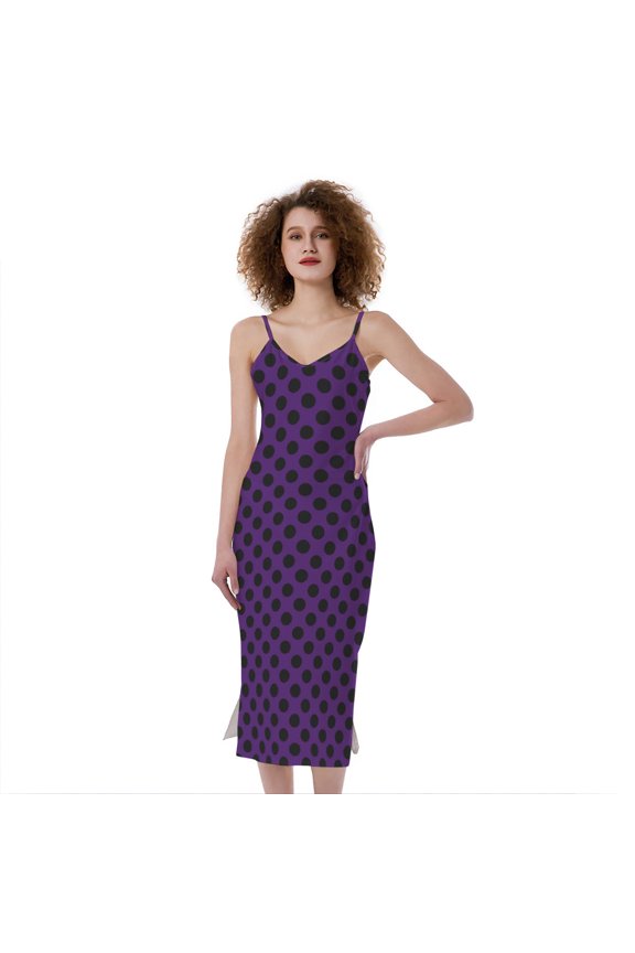 Purple Halloween Pattern Print Slim Fit Midi Cami Dress, Halloween Decorative Fashion Summer Maxi Sexy Casual Dress For Women