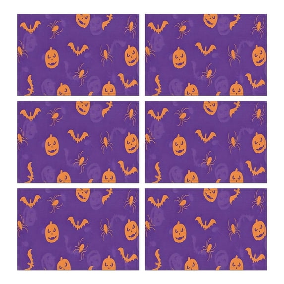 Purple Halloween Pumpkins Bats and Spiders Summer Placemats Table Placemats Set Of 6-Linen Kitchen Washable Placemats Table Mats 11.8"x17.7" Non-Slip Heat Resistant