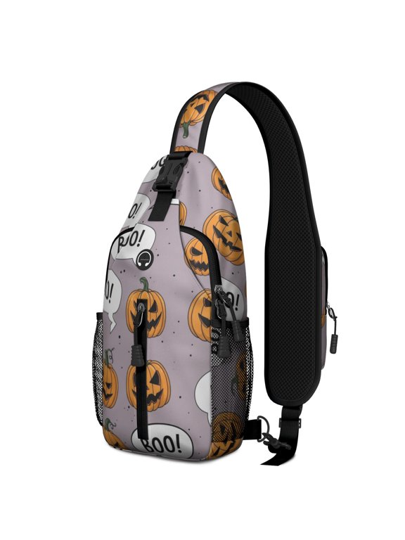 Purple Halloween Pumpkins with Boo Sling Backpack, Cycling Sling Bag with Earphone Port, Breathable Padded Back Gift Ideas for Holiday Birthday Gifts