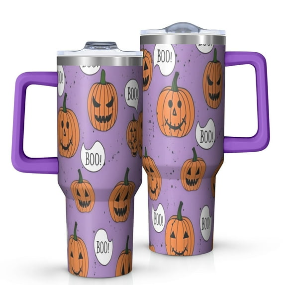 Purple Halloween Pumpkins with Boo Tumbler with Handle and Lid,40oz Double Wall Vacuum Insulated Tumbler,Cups Gift for Women and Men