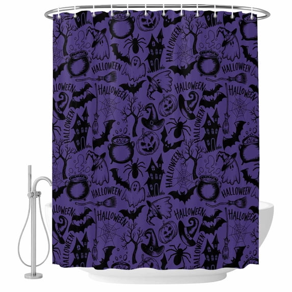 Purple Halloween Shower Curtain, Waterproof Shower Curtains for Bathroom, Vintage Scary Pumpkin Ghost Castle Washable Fabric Bathtub Curtain Set Bath Decor with 12 Hooks Stall 36"x72"
