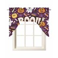 thumbnail image 1 of Purple Halloween Swag Valances for Windows, Small Curtains Drapes, Cute Ghost Pumpkin Skull Bat Wizard Hat Kitchen Window Curtains Over Sink Window Treatment Valance for Bedroom/Bathroom 56"x36", 1 of 5