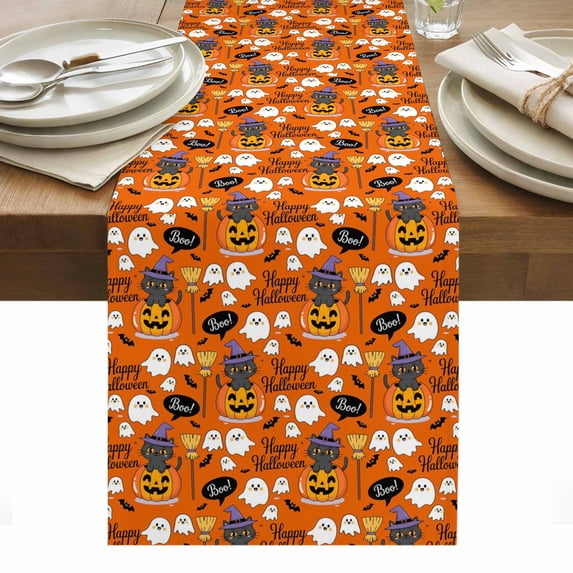 Purple Halloween Table Runner - 108 Inch Long, Kitchen Dining Table Runner Dresser Scarves, Pumpkins Cat Ghost Black Bat Farmhouse Decor for Coffee Tables Wedding Party Banquet