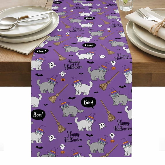 Purple Halloween Table Runner - 36 Inch Long, Kitchen Dining Table Runner Dresser Scarves, Cat Bat Ghost Pumpkins Farmhouse Decor for Coffee Tables Wedding Party Banquet