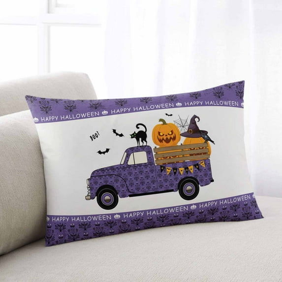 Purple Halloween Throw Pillow Covers, Spooky Ghost Pumpkins Truck Black Cat Soft Breathable Pillow Cases with Invisible Zipper for Sleeping, Body Pillowcases for Couch Bed Sofa Chair 24x36 Inches