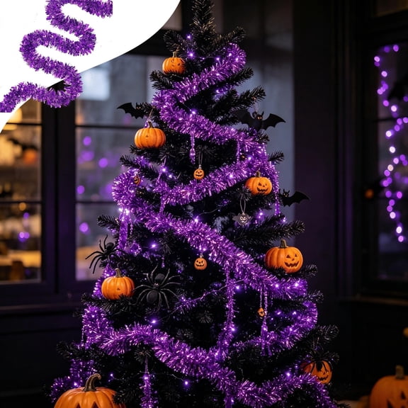 Purple Halloween Tinsel Garland Plastic Shiny Fringe Streamer Decorative Strip for Indoor Outdoor Decor 200cm Length Ideal for Party Decoration