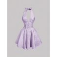 thumbnail image 1 of Purple Halter Neck Bow Tie Mini Dress With Floral Embossed Fabric, 1 of 5