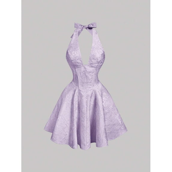 Purple Halter Neck Bow Tie Mini Dress With Floral Embossed Fabric