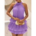 thumbnail image 1 of Purple Halter Neck Pleated Tiered Ruffle Mini Dress For Women, Spring Summer Boho Resort Style, 1 of 7