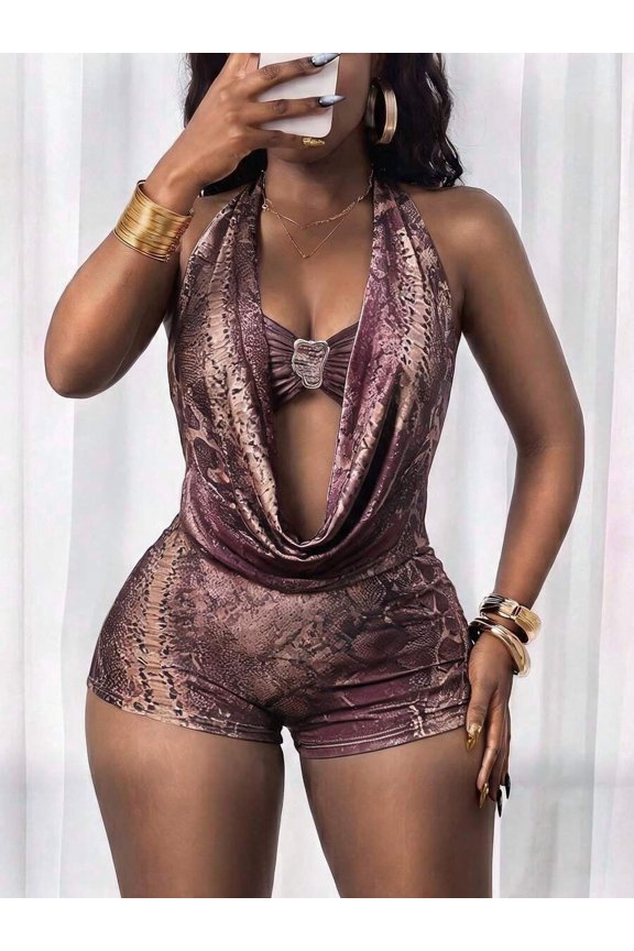 Purple Halter Neck Ruched Romper With Snake Print And Ornamental Buckle