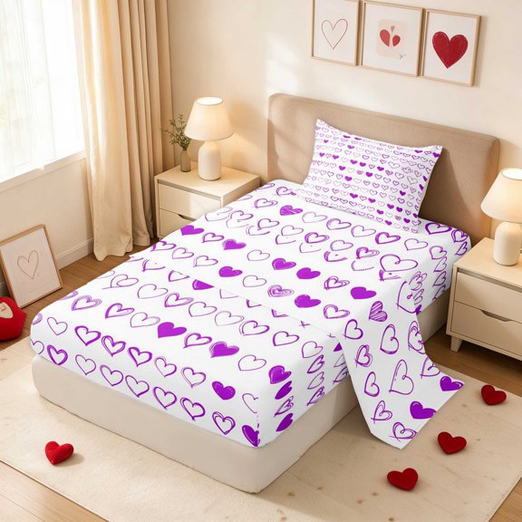 Purple Hand Drawn Outline Heart Pattern Twin Sheet Set, 3 Pieces (1 Flat Sheet, 1 Fitted Sheet and 1 Pillowcase)