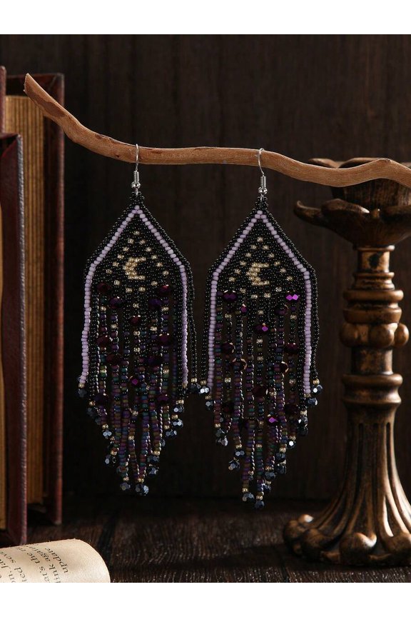 Purple Hand-Woven Beaded Tassel Dangle Earrings Teardrop Bohemian Gothic