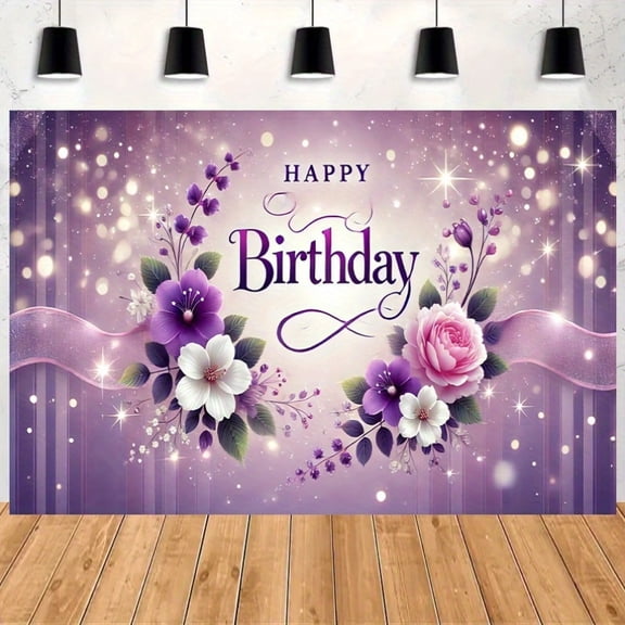 Purple Happy Birthday Backdrop Elegant White Purple Floral Birthday Photography Background Purple Ribbon Glitter Dots Birthday Party Decorations Banner Supplies Photo Booth Props