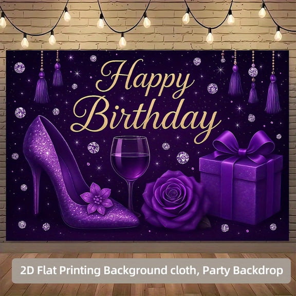 Purple Happy Birthday Backdrop Purple Rose Heels Birthday Photography Background Glitter Stars Diamond Birthday Party Decorations Banner Supplies Photo Booth Props