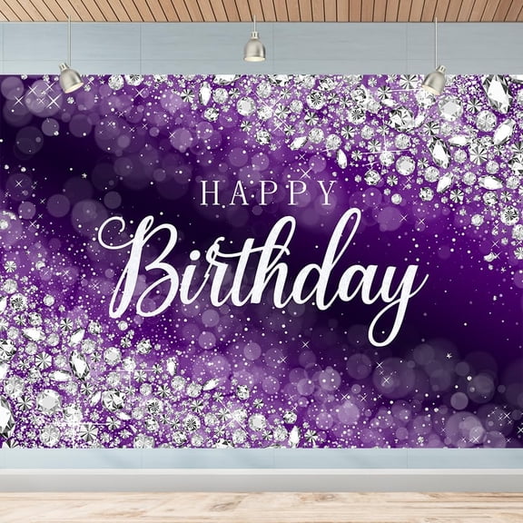 Purple Happy Birthday Banner Backdrop 7x5Ft Shine Diamonds Photography Background for Women Silver Diamonds Happy Birthday Banner Decoration Purple Backdrop (82X59inch)