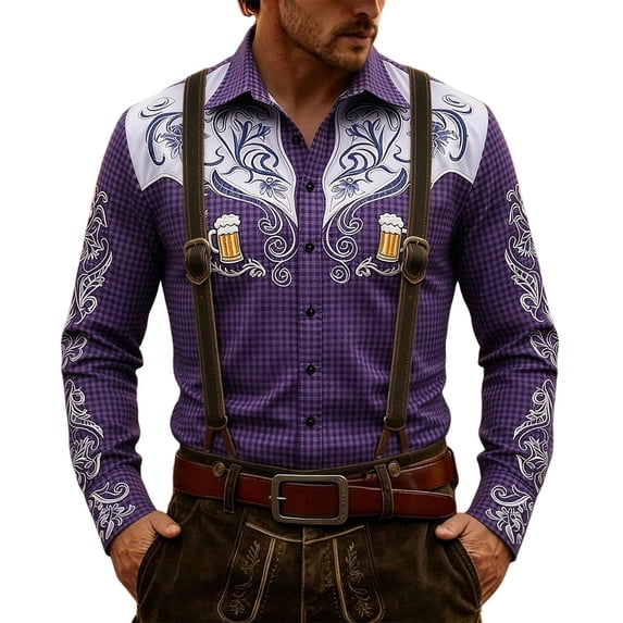 Purple Happy Gift Oktoberfest Button Shirts for Man Summer Fall Long Sleeve Collared High Neck Print Top T Shirt Blouse Mens 2026 Fashion XL