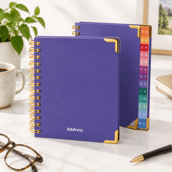 Purple Hardcover Spiral Address Book with Alphabetical Tabs, 5.8"x8.4"