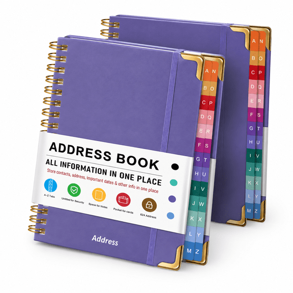 Purple Hardcover Spiral Address Book with Alphabetical Tabs, 600+ Contact Organizer