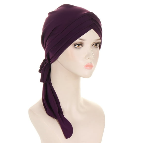 Purple Headband for Women's Eid Al Fitr Solid Color Forehead Triple Long Tail Headband Muslim Headband Can Be Tied Behind Hat