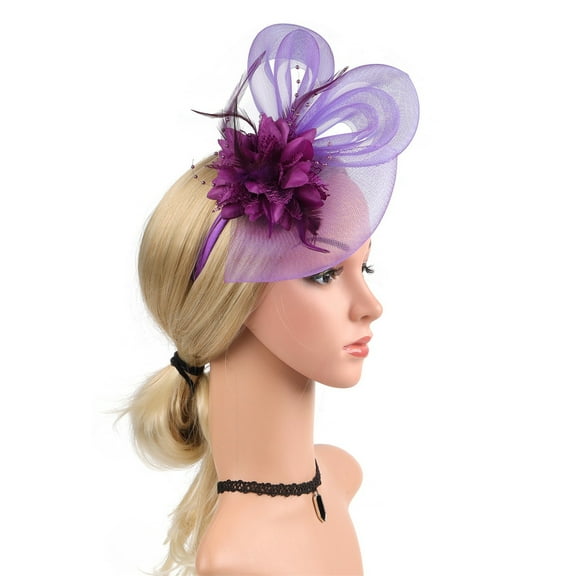 Purple Headband for Women's Elegant Hat Strap Flower Mesh Party Hat Hair Clip Headband Accessory