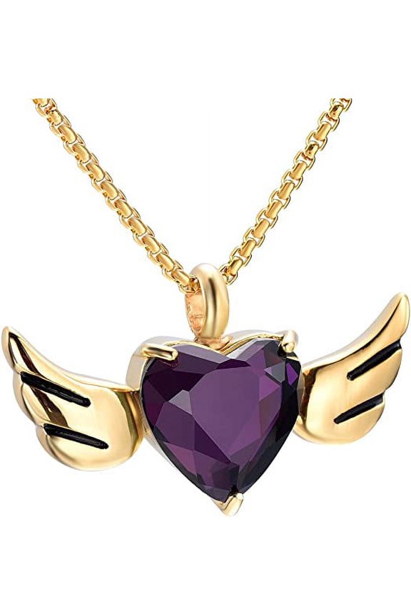 Purple Heart Crystal Wing Cremation Locket Necklace for Ashes Urn Jewelry for Women